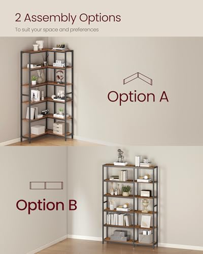 VASAGLE 6 Tier Bookshelf with Metal Frame, Convertible Industrial Corner Shelf, 9.4 x 40.2 x 69 Inches, for Living Room, Bedroom, Home Office, Rustic Brown and Ink Black ULLS606K01 - size: 6 Tiers (40.2"W)
