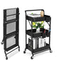 Foldable 3 Tier Metal Utility Rolling Cart, Folding Mobile Multi-Function Storage Trolley Organizer Cart for Home Library Office(Black) - color: Black