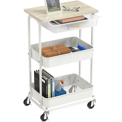 Simple Houseware 3-Tier Rolling Utility Cart with Drawer & Wood Tabletop - Mobile Sofa Side Table, Nightstand, Slim Storage Organizer Trolley for Bedroom, Bathroom, Office & Art Supplies, Maple - color: Maple