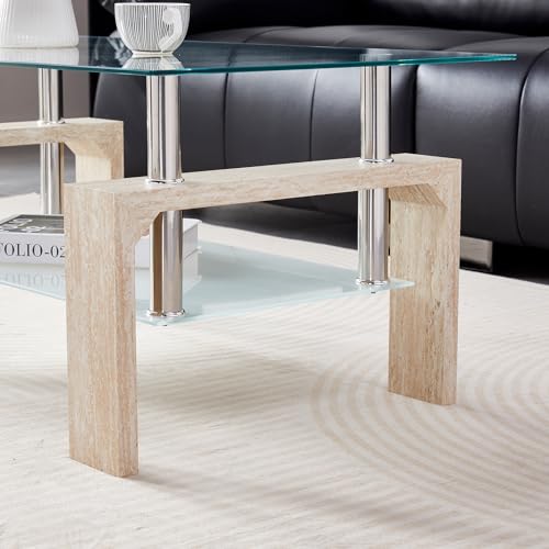 Living Room Rectangle Coffee Table, Tea Table Suitable for Waiting Room, Modern Side Coffee Table with Wooden Leg, Glass Tabletop with Lower Shelf (Yellow Travertine) - color: Yellow Travertine