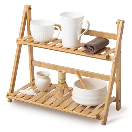 Yalikop Matcha Station Shelf,15.7'' Coffee Station Organizer, 2 Tiers Bamboo Mug Holder Countertop,Desktop Flower Pot Rack for Home Living Room Window Sill Foldable Display Storage Shelf(Wood) - color: Wood, size: 15.7''