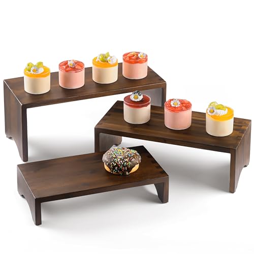 Tidita Wooden 3 Tier Cupcake Stand with Non-Slip Pads (Walnut Color) | Set of 3 Size ,Solid Acacia Wood, No Assembly Required, Finger-jointed, Space-Saving Nesting Design, Multi-Purpose Display - color: Walnut