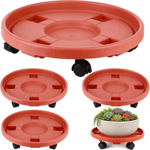 4-pack 17.3" Extra-large Plant Caddy with Wheels Plastic Plant Dolly with Casters Flower Pot Mover Rollers Wheeled Rolling Plant Stand Round Plant Saucer Indoor Outdoor Base Coasters, Terracotta red - color: Vintage red, size: 17.3"/ 4 packs