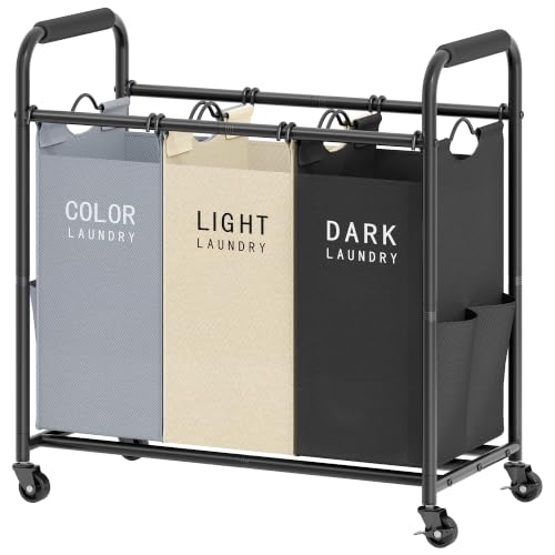 Tajsoon 3 Bag Laundry Sorter Cart, Laundry Hamper Sorter Basket with Heavy Duty Lockable Rolling Wheels for Clothes Storage, 3 Colors - color: GreyWhiteBlack, size: 3 Bag