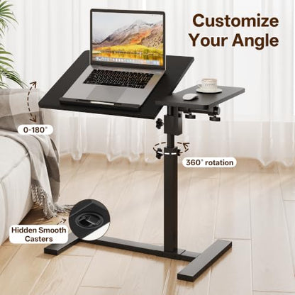 Overbed Table with Wheels Rolling, Adjustable Mobile Bedside Desk | Flip-Top, Laptop Table, C Shaped End Side Table for Couch, Sofa, Bed, Recliner and Home Use, Large Black - color: Large Black