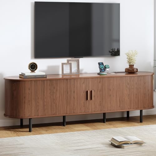 70.8" TV Stand with Power Outlet, Mid-Century Modern Television Stand, Fluted Media Console with Sliding Doors, Entertainment Center for TVs up to 60 Inch, Adjustable Shelves, Walnut - color: Walnut, size: 70.8 Inch