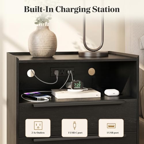 26 Inch Tall Black Oak Nightstand with Charging Station, 2 Drawers | 24 inch wide, 16 inch deep design with raised-edge tray top, open shelf, hidden storage, and a streamlined look - color: Black Oak