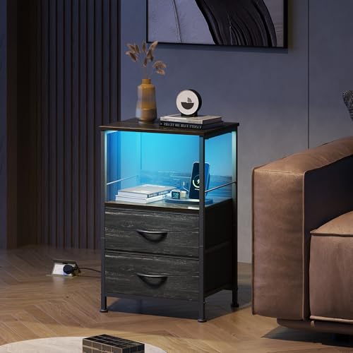 WLIVE Night Stand with Charger Station, LED Nightstand for Bedroom, Small Dresser with 2 Fabric Drawers for Small Spaces, Bed Side Table, Charcoal Black and Wood Grain Print - color: Charcoal Black