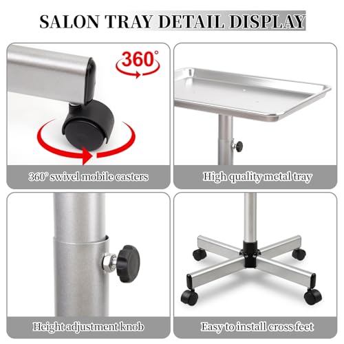 Salon Tray on Wheels, Salon Color Tray with Adjustable Height,Salon Rolling Tray Ideal Use As Metal Mayo Stand Tray,Tattoo Tray, Medical Tray, Dental Tray（Silver） - color: Silver