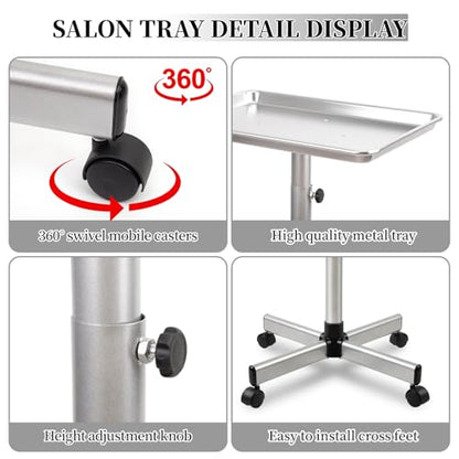 Salon Tray on Wheels, Salon Color Tray with Adjustable Height,Salon Rolling Tray Ideal Use As Metal Mayo Stand Tray,Tattoo Tray, Medical Tray, Dental Tray（Silver） - color: Silver