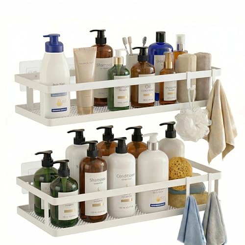 PUSDON 2-Pack Minimalist Shower Caddy Wall Mount, Open Frame Bathroom Shelf Organizer with Mesh Base, Rustproof Floating Spice Rack for Kitchen, Holds 50 LBS, 4 Hooks - White, Guardrail - color: White, size: Minimalist Open (12.6" Wide)