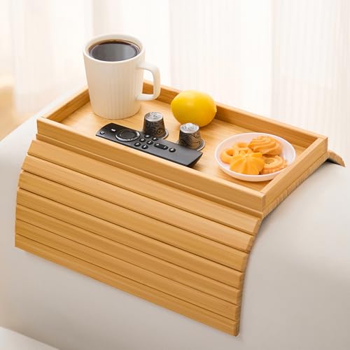 Bamboo Couch Arm Tray Table，Foldable Sofa Armrest Tray Table for Couch，Flexible and Anti-Slip Couch Arm Cup Holder，Portable Sofa Arm Chair Table for Drink,Cups, Eats，Snacks, Phone, Remote - color: Bamboo
