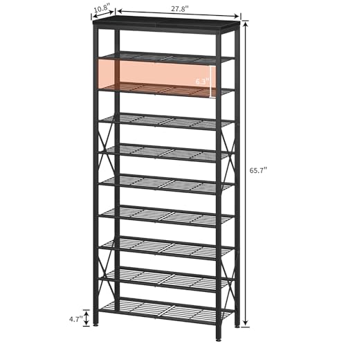 10-Tier Shoe Rack Organizer, Large Shoe Shelf with Metal Shelves, X Frames, Adjustable Shelves, Holds 40 Pairs, Black - color: Black, size: 27.8"L x 10.8"W x 65.7"H