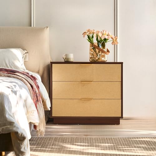 Saint Mossi Modern Nightstand with 3 Drawers, Large Rattan Night Stand, Natural Wood Bedside Table Storage Cabinet, Sofa End Tables Dresser for Living Room, Hallway, Closet, D27xW16xH23 - size: 1 Set 3 Drawer