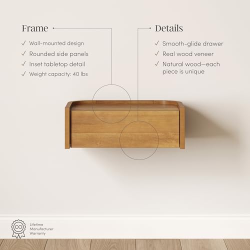 Nathan James Tyla Wall Mounted Bedside Table, Floating 1-Drawer Nightstand with Rounded Edges, Light Brown Set of 2 - color: Tyla Light Brown, size: Set of 2