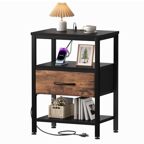 OLIXIS Nightstand with Charging Station, Beside Table with Fabric Drawer | 3-Tier End Table with 2 Storage Shelves,Night Stand with USB Ports and Outlets for Bedroom, Rustic Brown and Black - color: Black and Brown, size: 15.7"Dx11.8"Wx23.4"H(1 Drawer)