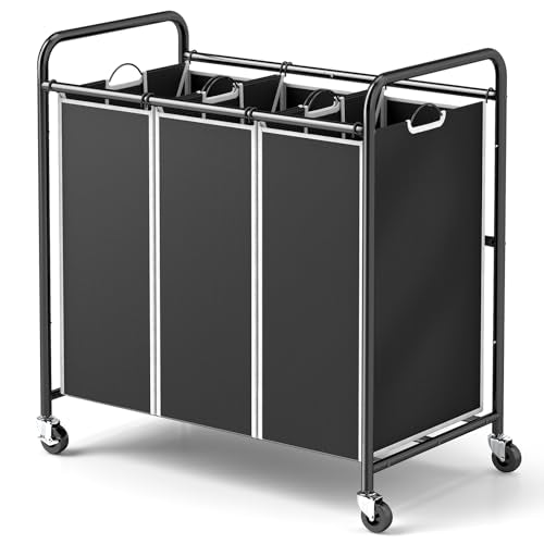 ROMOON Laundry Sorter Hamper 3 Section, Divided Laundry Basket Organizer with Heavy Duty Lockable Wheels and Removable Bags, Rolling Clothes Hamper for Apartment, Dorm & Family (135L Modern Black) - color: black