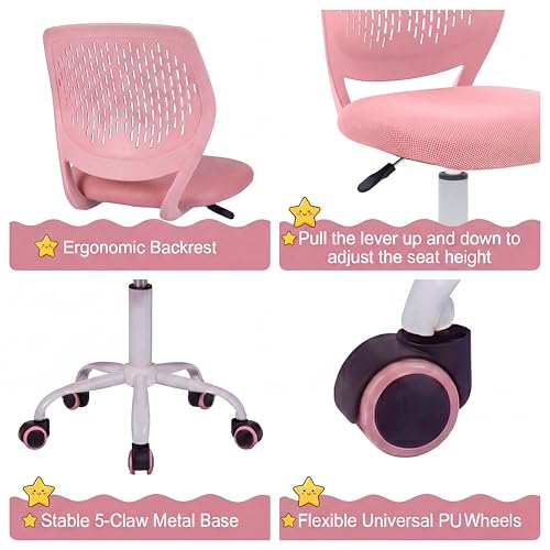 Costzon Kids Desk Chair, Armless Height Adjustable Kids Computer Chair w/Elastic Sponge Filling, Ergonomic Backrest & Stable 5-Point Wheels, Children Rolling Swivel Chair for Studyroom (Pink) - color: Pink
