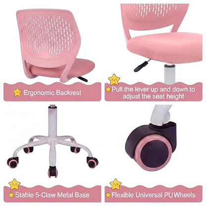 Costzon Kids Desk Chair, Armless Height Adjustable Kids Computer Chair w/Elastic Sponge Filling, Ergonomic Backrest & Stable 5-Point Wheels, Children Rolling Swivel Chair for Studyroom (Pink) - color: Pink