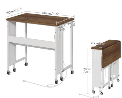 CHOEZON Folding Desk with Power Outlets, 31.5" Rolling Computer Table with Wheels, Portable Office Desk with Storage Shelf for Small Spaces Rustic Brown and White TDN01UWL - color: Rustic Brown and White