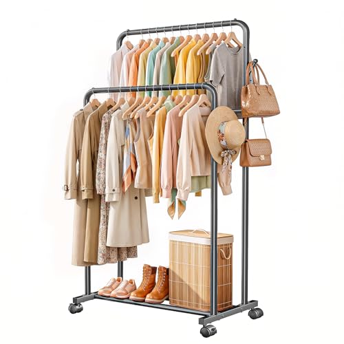 Delamu Clothes Rack Double Rods Clothing Racks for Hanging Clothes with Rolling Wheels, Hooks, Metal Garment Rack, Portable Wardrobe Coat Rack with Shelfs for Bedroom, Laundry Room, Black 65''Hx32''W