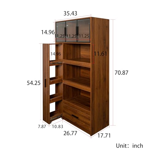 70.87" Tall Kitchen Pantry Storage Cabinet with Pull-Out Shelf, Glass Doors, 2 Drawers & Side Shelves, Freestanding Wood Hutch Cupboard with Microwave Stand for Dining Room, Coffee Bar, Walnut - color: 04 Walnut