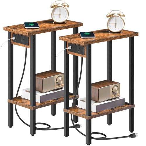 HOOBRO Narrow Side Tables, Set of 2, 2-Tier Slim End Tables with Charging Station, Skinny Nightstands with Open Storage, for Small Spaces, Living Room, Bedroom, Rustic Brown and Black BF240UBZP201 - color: Rustic Brown + Black, size: 7.9"L x 15.7"W x 22.6