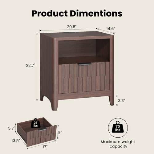 Fluted Nightstand with Charging Station, 21" Wide Modern Bedside Table with Storage Drawer, Wide Open Shelf & Curved Corner, Mid Century Night Stand End Side Table for Bedroom, Walnut