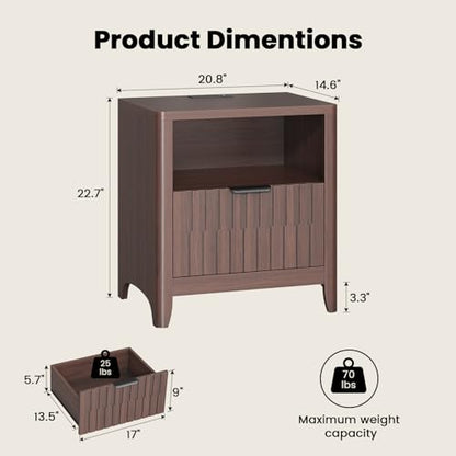 Fluted Nightstand with Charging Station, 21" Wide Modern Bedside Table with Storage Drawer, Wide Open Shelf & Curved Corner, Mid Century Night Stand End Side Table for Bedroom, Walnut