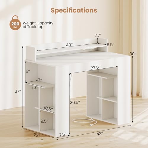 Giantex White Desk with Storage Shelves, 43" Home Office Computer Desk with Charging Station, Dual 3 Tier Bookshelf & Monitor Stand, PC Table Workstation, Modern Study Writing Desk for Bedroom, Dorm