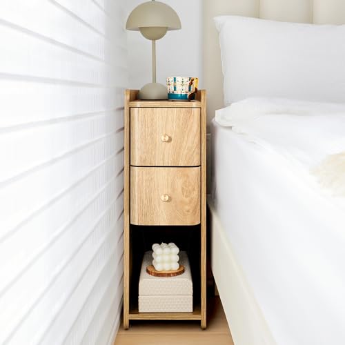 Small Nightstand Set of 2, Wood 2 Drawer Narrow Nightstand, Slim Side Table, Modern Skinny End Bedside Table, Natural Wood Night Stand with Drawers for Bedroom (Natural-2 pcs) - color: Natural-2 Pcs