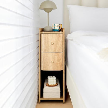 Small Nightstand Set of 2, Wood 2 Drawer Narrow Nightstand, Slim Side Table, Modern Skinny End Bedside Table, Natural Wood Night Stand with Drawers for Bedroom (Natural-2 pcs) - color: Natural-2 Pcs