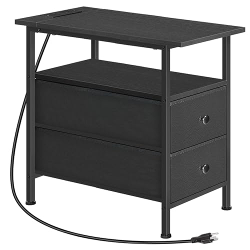 HOOBRO End Table with Charging Station, Narrow Side Table, Nightstand with 2 Non-Woven Drawers, Slim Sofa Side Table, for Small Spaces, Living Room, Bedroom, Black BB486UBZ01 - color: Black, size: 11.8"L x 18.9"W x 23.6"H