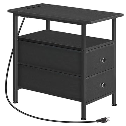 HOOBRO End Table with Charging Station, Narrow Side Table, Nightstand with 2 Non-Woven Drawers, Slim Sofa Side Table, for Small Spaces, Living Room, Bedroom, Black BB486UBZ01 - color: Black, size: 11.8"L x 18.9"W x 23.6"H