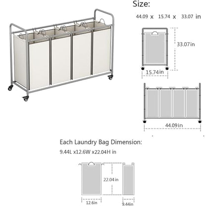 LINZINAR 4 Section Laundry Hamper, Beige Laundry Basket 180L Laundry Sorter | Laundry Room Organization with Heavy Duty Rolling Lockable Wheels and Removable Bag, Bedroom Laundry Cart for Clothes Storage - size: 4 Bags Beige