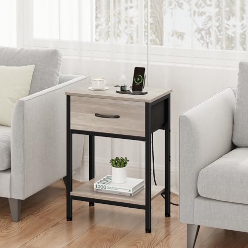 Vagusicc Nightstand with Charging Station, End Table with Fabric Drawer, Small Side Table with 2-Tier Storage Shelves, 25.4" Tall Night Stand, Bedside Table for Bedroom, Living Room, Dorm, Greige - color: Greige (1 Pack)