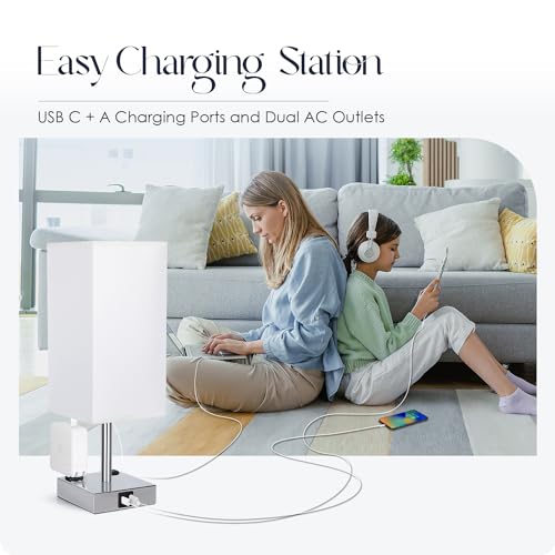 Set of 2 Bedside Table Lamp 3 Way Dimmable Nightstand Lamp with USB C & USB A Charging Port, 2 AC Outlets, 3000K LED Bulbs (White) - color: White