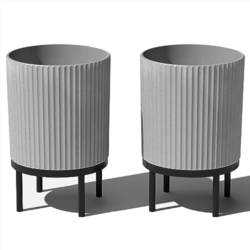 Veradek Demi Series Round Planter w/Stand for Porch/Patio | Durable Plastic-Stone Composite & Wooden Stand | Modern Décor for Tall Plants, Flowers - color: Gray/Black, size: 16 inch - 2 Pack