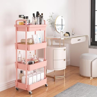 Calmootey 4-Tier Rolling Utility Cart with Drawer,Multifunctional Storage Organizer with Plastic Shelf & Metal Wheel,Storage Cart for Kitchen,Bathroom,Living Room,Office,Pink | Space-Saving Organizer, Sturdy Plastic Shelves, Smooth-Rolling Metal Wheels, B