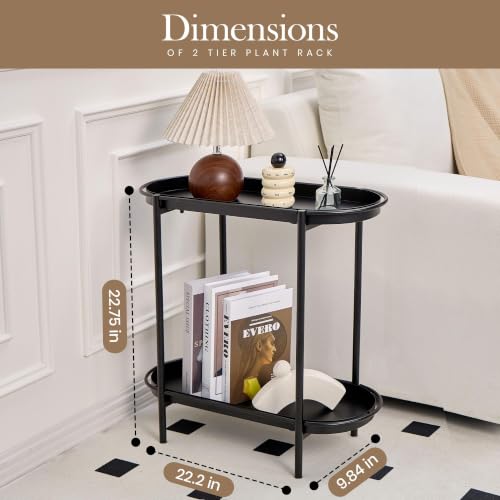 Large Metal 2-Tier Multi-Purpose Stand – Sleek Black Indoor/Outdoor Oval Shelving Unit; Modern Storage Rack for Home Decor, Books, Bathroom Essentials, or Plants