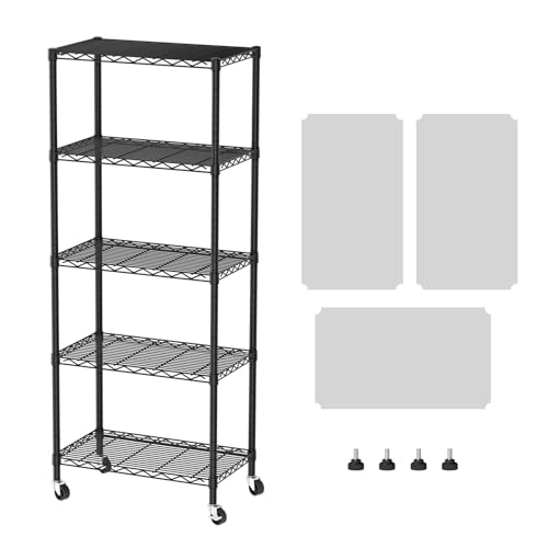 SINGAYE 5 Shelves Storage Wire Shelf Closet Metal Shelving Pantry Wheels | Shelf Bathroom Organizers Metal Kitchen Garage Shelving Unit Laundry Room Organization Home Rack Net Basket with Wheels - color: Black, size: 5Tier/14"D X 24"W X 61"H