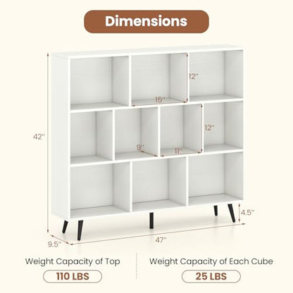 GIANTEX 10-Cube Bookcase, 3-Tier Modern Bookshelf with 5 Metal Legs, 47" Freestanding Open Storage Organizer with 2 Anti-tip Devices, Mid-Century Display Rack for Living Room (47" x 9.5" x 42") - size: 47" x 9.5" x 42"