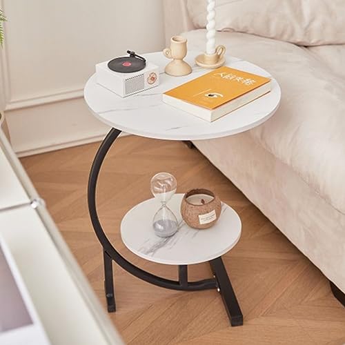 2 Layers Round Marble Texture Small C-Shaped Side Table,Snack Side Table, End Table for Sofa Side Table,Bedside Table for Living Room Kitchen Garden Bedroom