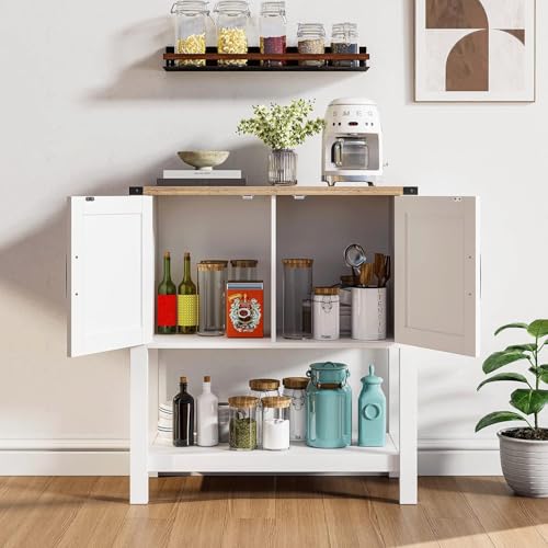 Cheersstar Farmhouse Console Table with 2 Storage Cabinets, Coffee Bar, Entryway Table with with Storage Shelf, Farmhouse Buffet Sideboard for Kitchen, Hallway, Entry Way, Living Room, White