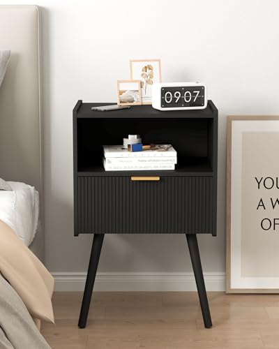 JOONEE Black Nightstand,Modern Bedside Table with Storage Drawer and Open Wood Shelf, for Living Room, Bedroom and Small Spaces, Accent Night Stand with Solid Wood Legs, Easy Assembly,Classic Black - color: Black