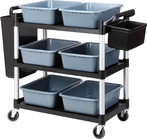 Plastic Service Utility Cart with Wheels, 550lbs Capacity, 6 Basin 2 Barrels Multipurpose Rolling 3-Tier Mobile Storage Organizer, for Warehouse Garage Industrial Cart - color: A