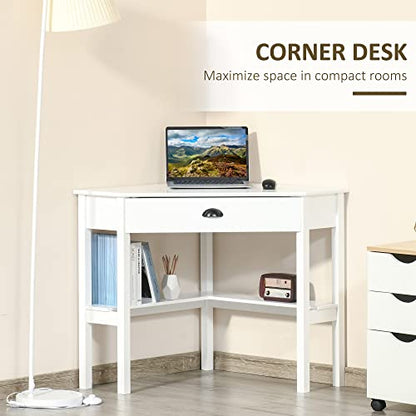 HOMCOM Corner Desk, Triangle Computer Desk with Drawer and Storage Shelves for Small Spaces, Home Office Workstation for Living Room, or Bedroom, White