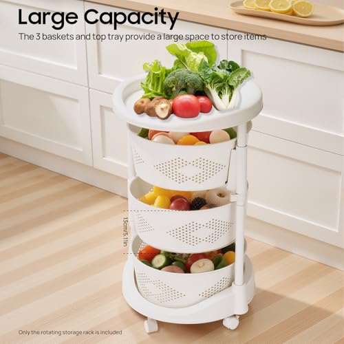 3-Tier Adjustable Kitchen Storage Rack,3 Layer Rotating Vegetable Organizer with Lockable Casters,Multi-Layers Rotatable Baskets for Kitchen Bathroom Living Room,White - size: 3-Tier