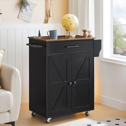 HOOBRO Kitchen Island with Power Outlet, Rolling Kitchen Island with Large Worktop, Kitchen Island Cart with Spice Rack and Drawer, Island Table for Dining Room, Rustic Brown and Black BF88UZD01 - color: Rustic Brown + Black