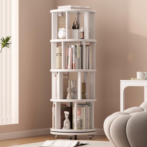 Solid Wood Rotating Bookshelf on Wheels, 4 Tier, Round Revolving Bookcase, 360° Spinning Book Shelf Tower for Kids, Narrow Rolling Bookshelves for Small Space, Corner, Bedroom, Office, White - color: White, size: 4 Tier